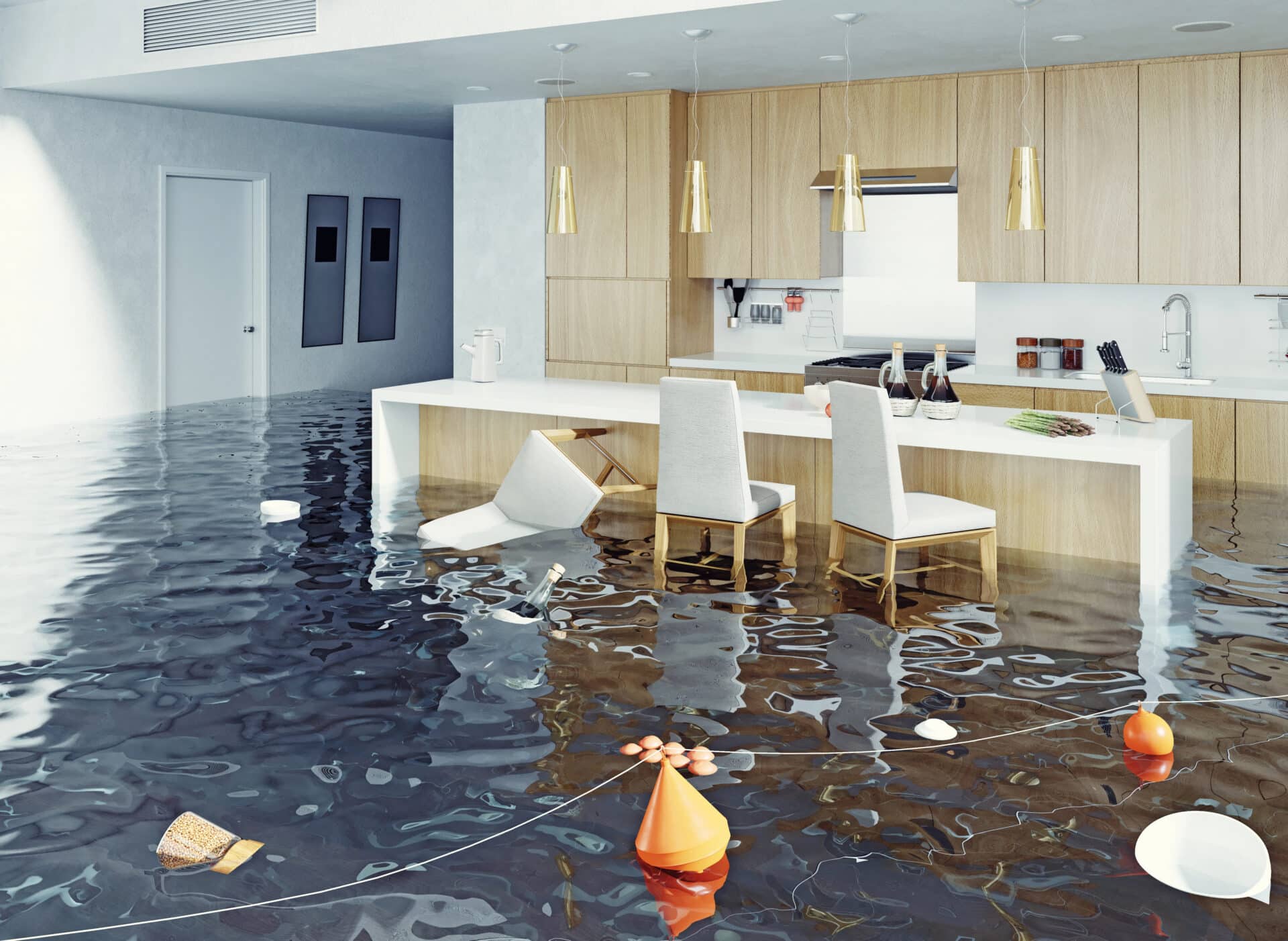 Flooded kitchen with water covering the floor, overturned chair, and debris, illustrating the impact of water damage and the need for restoration services.