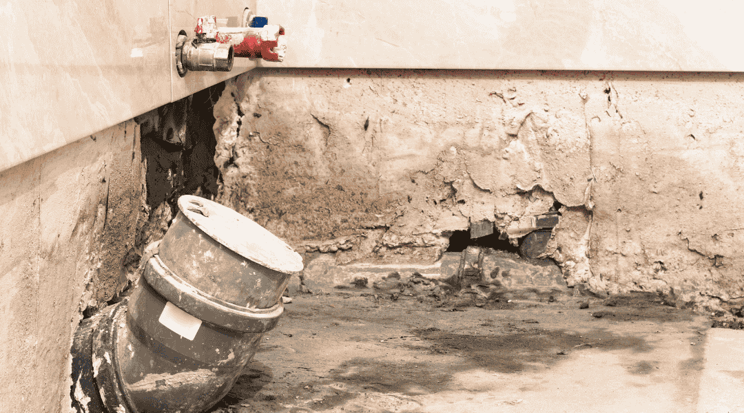 Water-damaged wall with peeling paint, exposed plumbing, and a tipped-over bucket in a damp environment, illustrating the hidden dangers of delayed water damage restoration.
