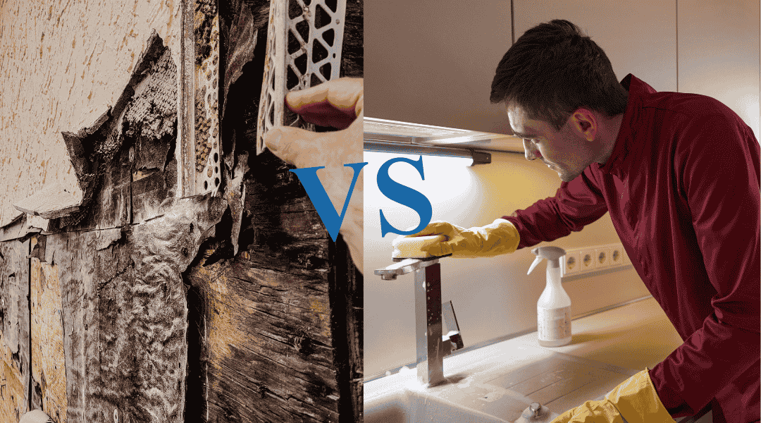 Fire damage restoration comparison: severely damaged wall with soot and smoke residue versus a person cleaning a countertop with gloves, emphasizing the difference between professional restoration and standard cleaning.