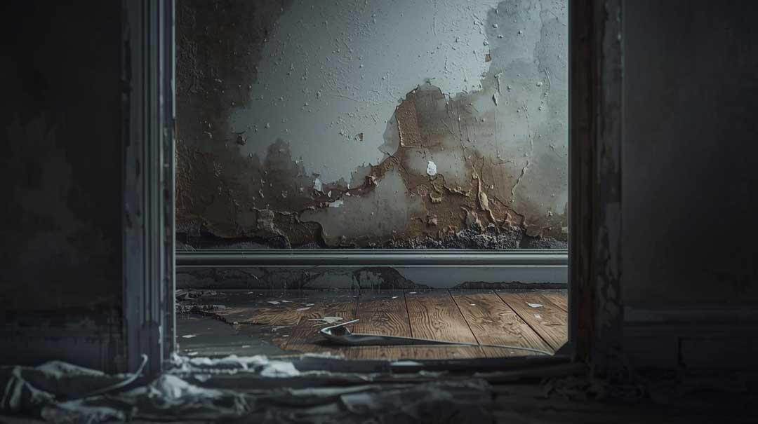 Interior view of a water-damaged room with peeling paint, exposed wood flooring, and debris, illustrating the impact of water damage on home structures.