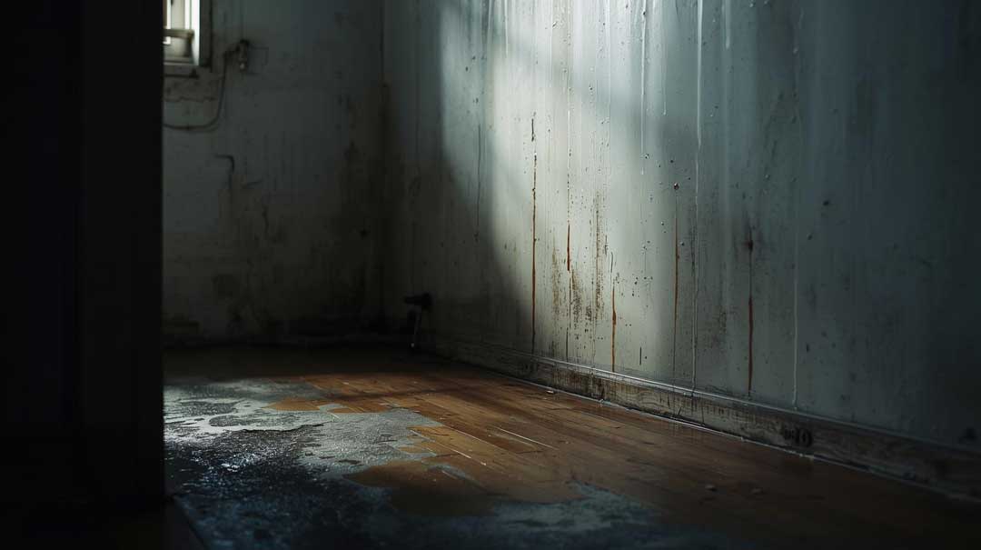 Water-damaged room with wet wooden floor, stained walls, and shadows highlighting potential health risks after water damage restoration.