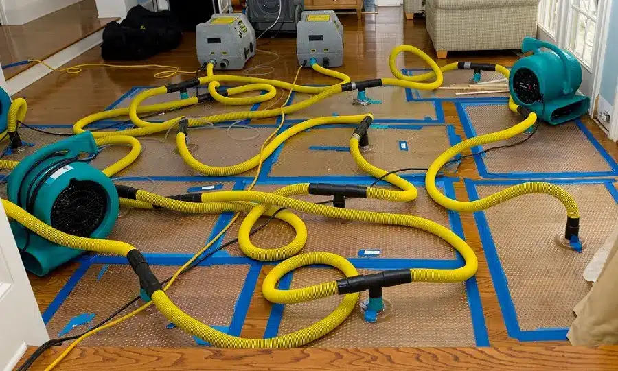 Damage restoration equipment including yellow hoses and air movers on hardwood floor, illustrating Antietam Restoration's services for efficient recovery from water damage.